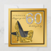 女性のブラックゴールドサプライズ60歳誕生日パーティー 招待状 (正面)