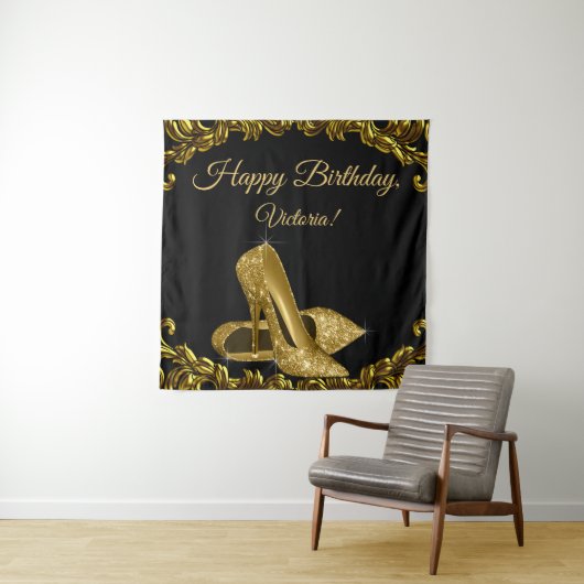 女性のブラックゴールドシューズ バースデーパーティー SQ 背景 タペストリー (インサイチュ)