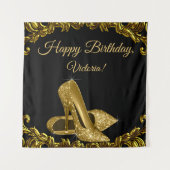 女性のブラックゴールドシューズ バースデーパーティー SQ 背景 タペストリー (正面)