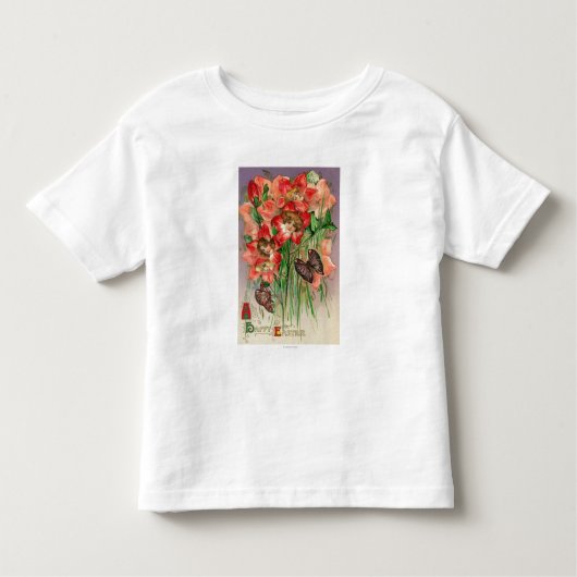 女性のヘッド花とのハッピーイースター トドラーTシャツ (正面)