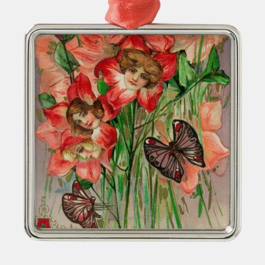 女性のヘッド花とのハッピーイースター メタルオーナメント (正面)