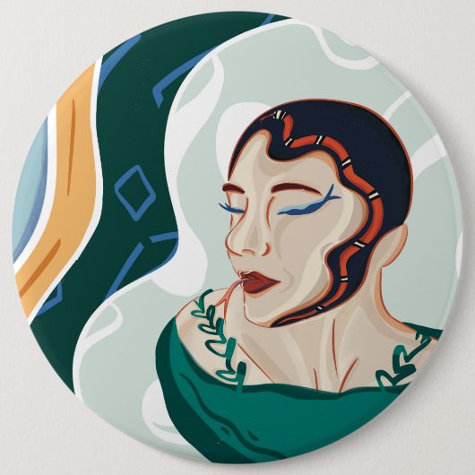 女性のヘビ – スネークヘッドレディ 缶バッジ (正面)