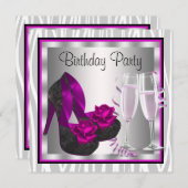 女性のホットピンクの誕生日パーティー シューズ 招待状 (正面/裏面)