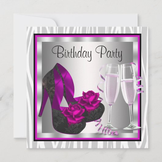 女性のホットピンクの誕生日パーティー シューズ 招待状 (正面)