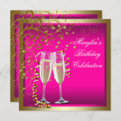 女性のホットピンクゴールド誕生日パーティー 招待状 (正面/裏面)