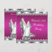 女性のホットピンク21歳誕生日パーティー 招待状 (正面/裏面)