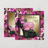 女性のホットピンク50歳誕生日パーティー 招待状 (正面/裏面)