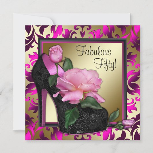 女性のホットピンク50歳誕生日パーティー 招待状 (正面)