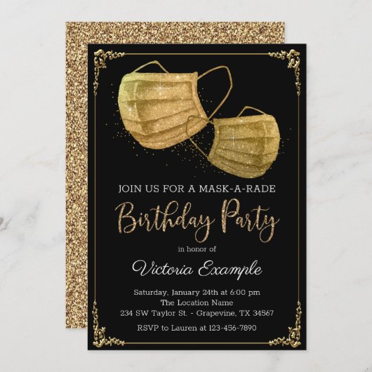 女性のマスカレードバースデーパーティー 招待状 (正面/裏面)
