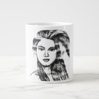 女性のリアルな鉛筆肖像画  ジャンボコーヒーマグカップ