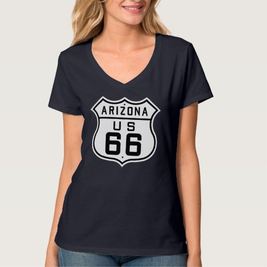 女性のルート66ハイウェイサインTシャツ Tシャツ (正面)