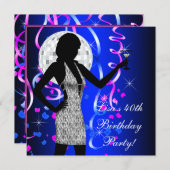 女性のロイヤルブルーの誕生日パーティー 招待状 (正面/裏面)