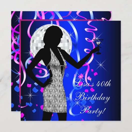 女性のロイヤルブルーの誕生日パーティー 招待状 (正面/裏面)