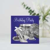 女性のロイヤルブルーシルバー誕生日パーティー招待状 招待状 (スタンド正面)