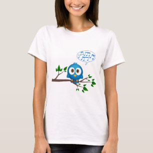 女性のワイシャツのかわいく青いtwitterの鳥の漫画 tシャツ