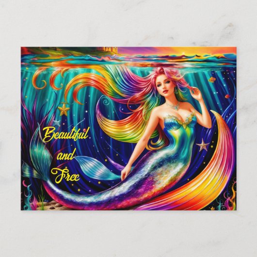 女性の人魚の星明るい美しい海の神話 ポストカード (正面)