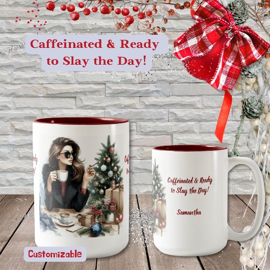 女性の休暇に取る準備ができて、水色 ツートーンマグカップ