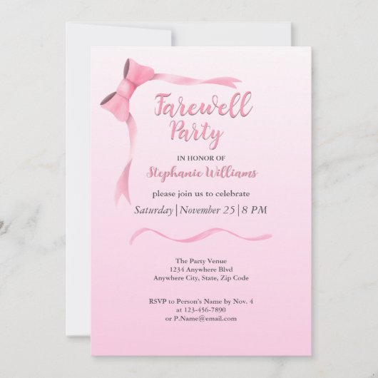 女性の別れのピンクエレガントの弓パーティー 招待状 (正面)