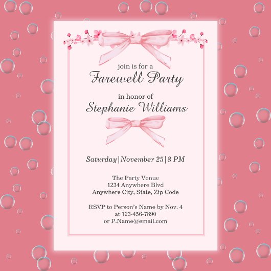女性の別れ ピンクの蝶結び 花の縁 パーティー 招待状