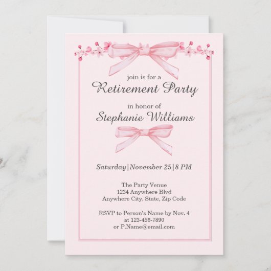女性の定年ピンクの弓の花縁どパーティー 招待状 (正面)