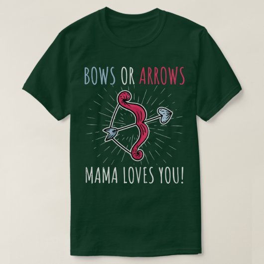 女性の性別はBの矢印または弓ママを明らかにする Tシャツ (デザイン正面)