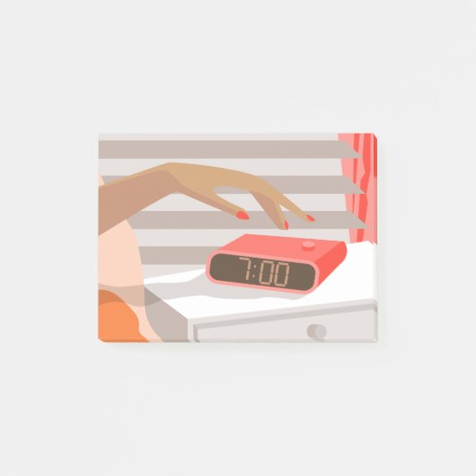 女性の手が目覚まし時計のスヌーズボタンを押す ポストイット (正面)