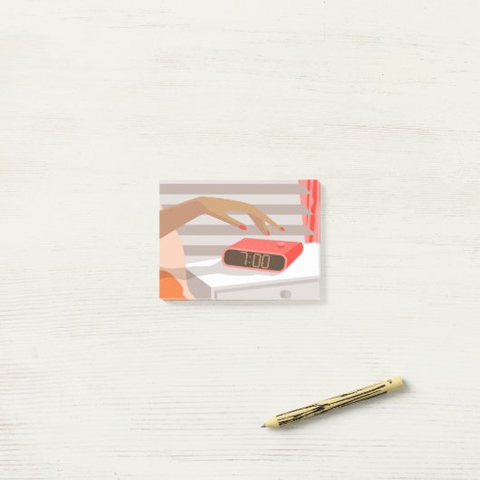 女性の手が目覚まし時計のスヌーズボタンを押す ポストイット (デスク上)