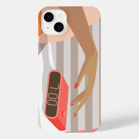 女性の手が目覚まし時計のスヌーズボタンを押す iPhoneケース (裏面)