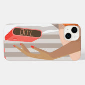 女性の手が目覚まし時計のスヌーズボタンを押す iPhoneケース (裏面横)