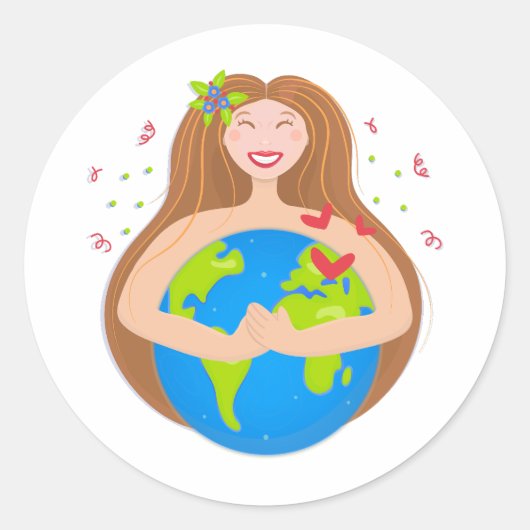 女性の抱き込む惑星地球 ラウンドシール (正面)