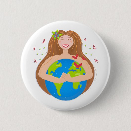 女性の抱き込む惑星地球 缶バッジ (正面)
