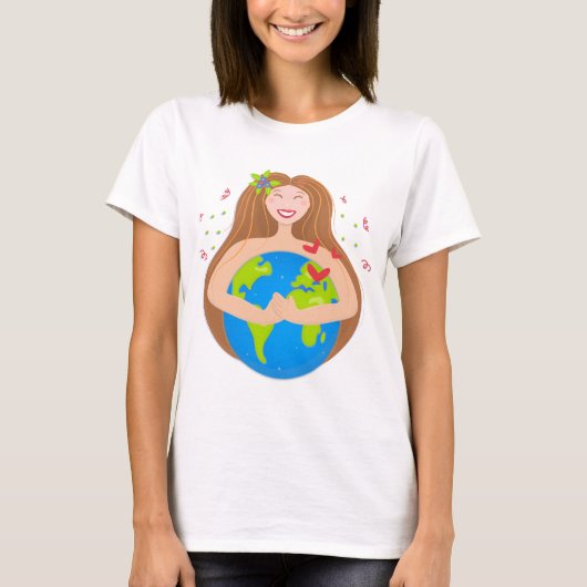 女性の抱き込む惑星地球 Tシャツ (正面)