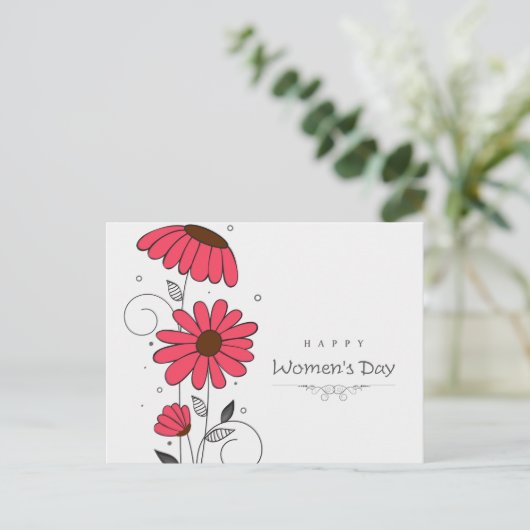 女性の日および円が付いているピンクのflowesの描かれて ポストカード (スタンド正面)