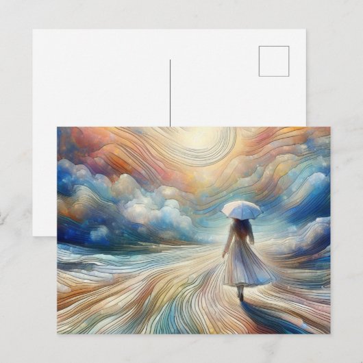 女性の歩くと傘 ポストカード (正面/裏面)