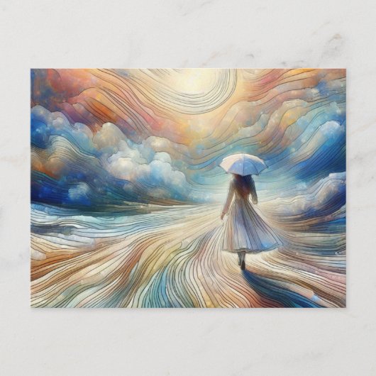 女性の歩くと傘 ポストカード (正面)
