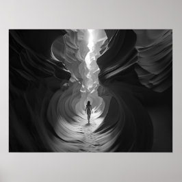 女性の歩くを峡谷の峡谷B&W写真を介して ポスター