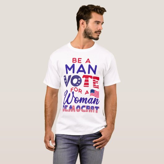 女性の民主党員に投票する男であユニセックスる Tシャツ (正面フル)