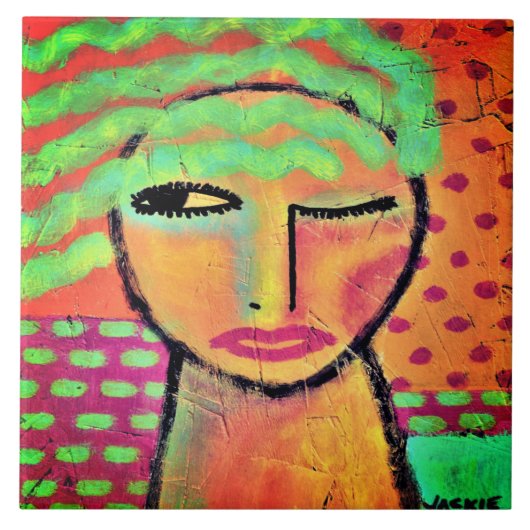 女性の波状緑の髪抽象芸術ポートレート タイル (正面)