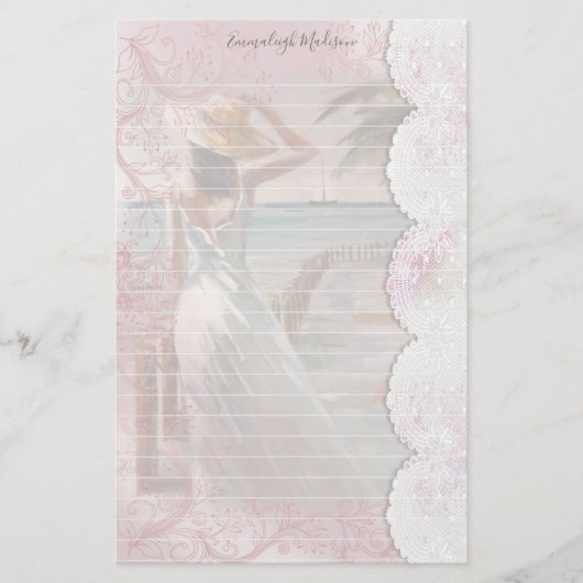 女性の海の景色の偽レースの裏地付き 便箋 (正面)