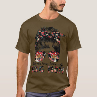 女性の滑らかなテリア犬ママ乱雑Bun髪Gl Tシャツ
