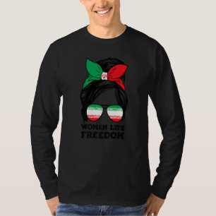 女性の生活の自由フリーイランMessy Bunイラン国旗 Tシャツ