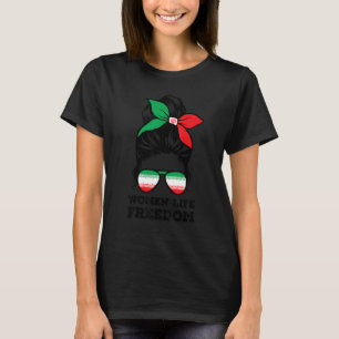 女性の生活の自由フリーイランMessy Bunイラン国旗 Tシャツ