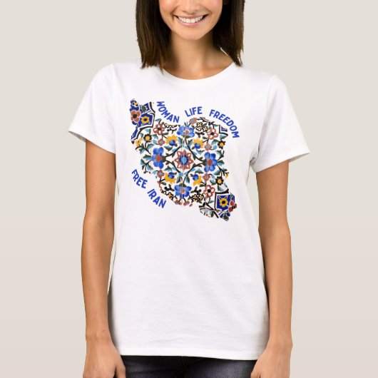 女性の生活の自由 |ペルシャのタイル（青） Tシャツ (正面)