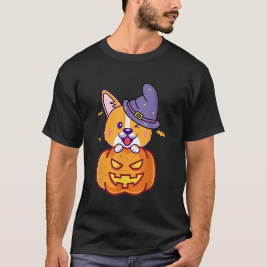 女性の男性の子供のためのコーギハロウィーンのカボチャの衣装 Tシャツ (正面)