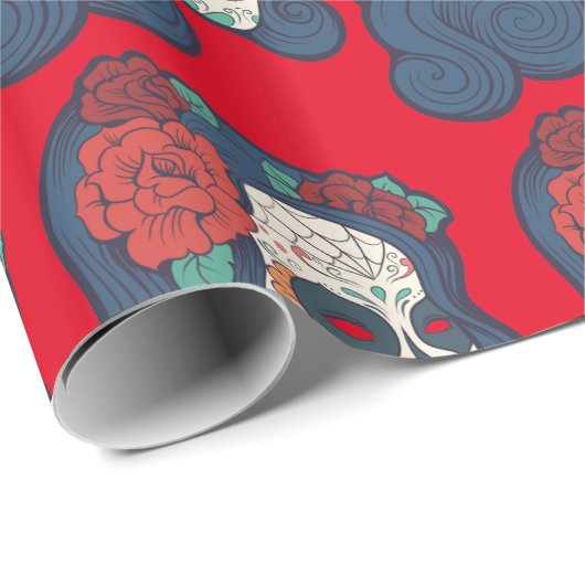 女性の砂糖のスカルの大きく赤いバラ ラッピングペーパー (ロールコーナー)