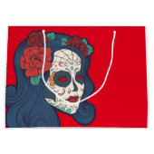 女性の砂糖のスカルの大きく赤いバラ ラージペーパーバッグ (正面)