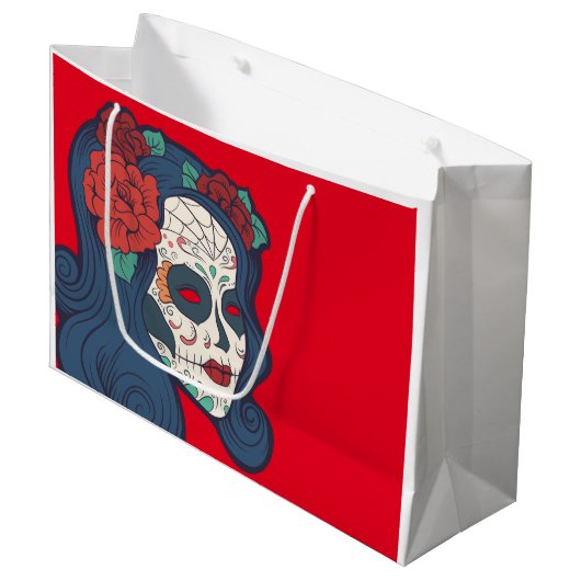 女性の砂糖のスカルの大きく赤いバラ ラージペーパーバッグ (正面アングル)