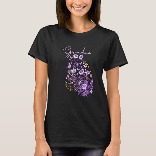 女性の祖母の紫の花束と蝶々 Tシャツ (正面)