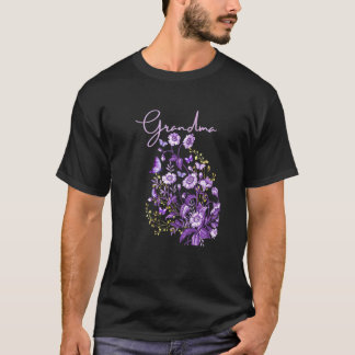 女性の祖母の紫の花束と蝶々 Tシャツ