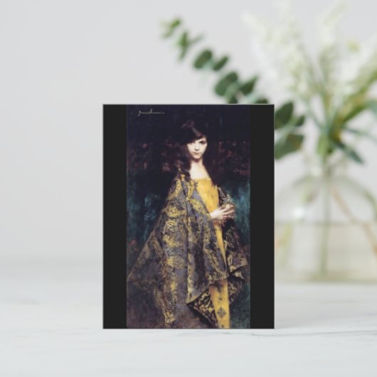 女性の神秘的なゴシック様式の黒い金ゴールド素晴らしアートジャカード ポストカード (スタンド正面)